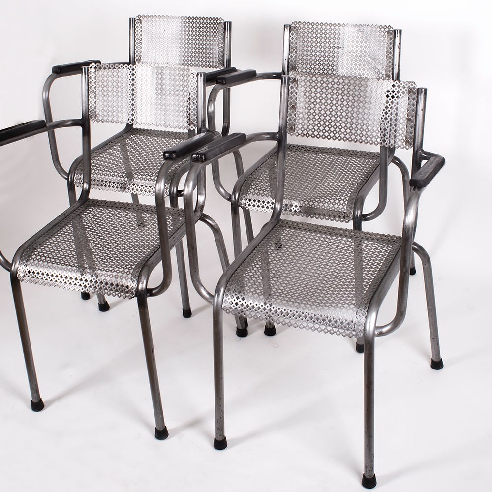 MATHIEU MATEGOT set of 4 metal armchair Cad rigitulle french mid century - 3