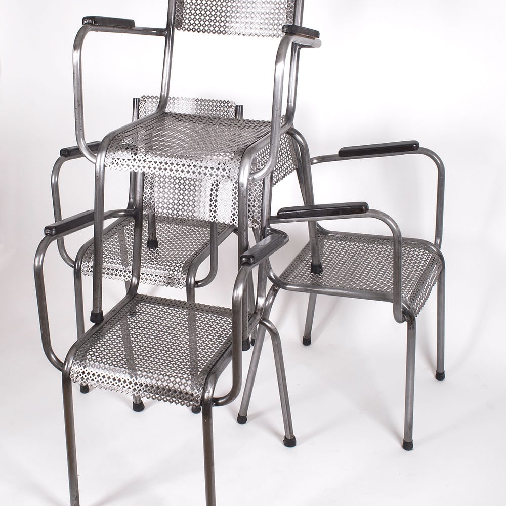 MATHIEU MATEGOT set of 4 metal armchair Cad rigitulle french mid century - 9