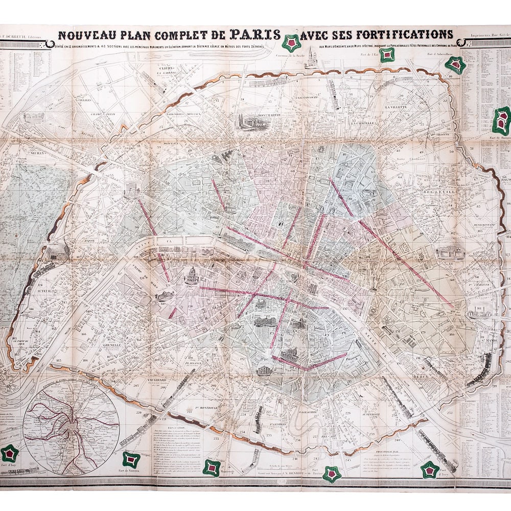1858 LARGE FRENCH ANTIQUE MAP OF PARIS Dubreuil Vuillemin on linen backing (1 of 4)
