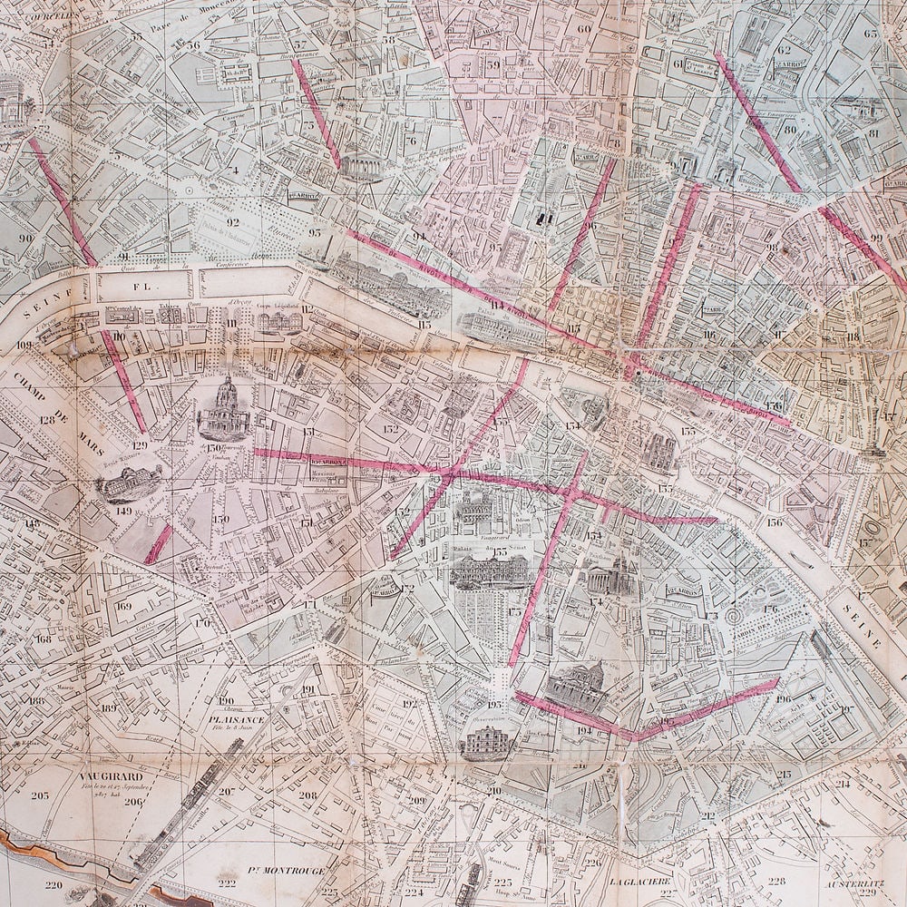 1858 LARGE FRENCH ANTIQUE MAP OF PARIS Dubreuil Vuillemin on linen backing - 2