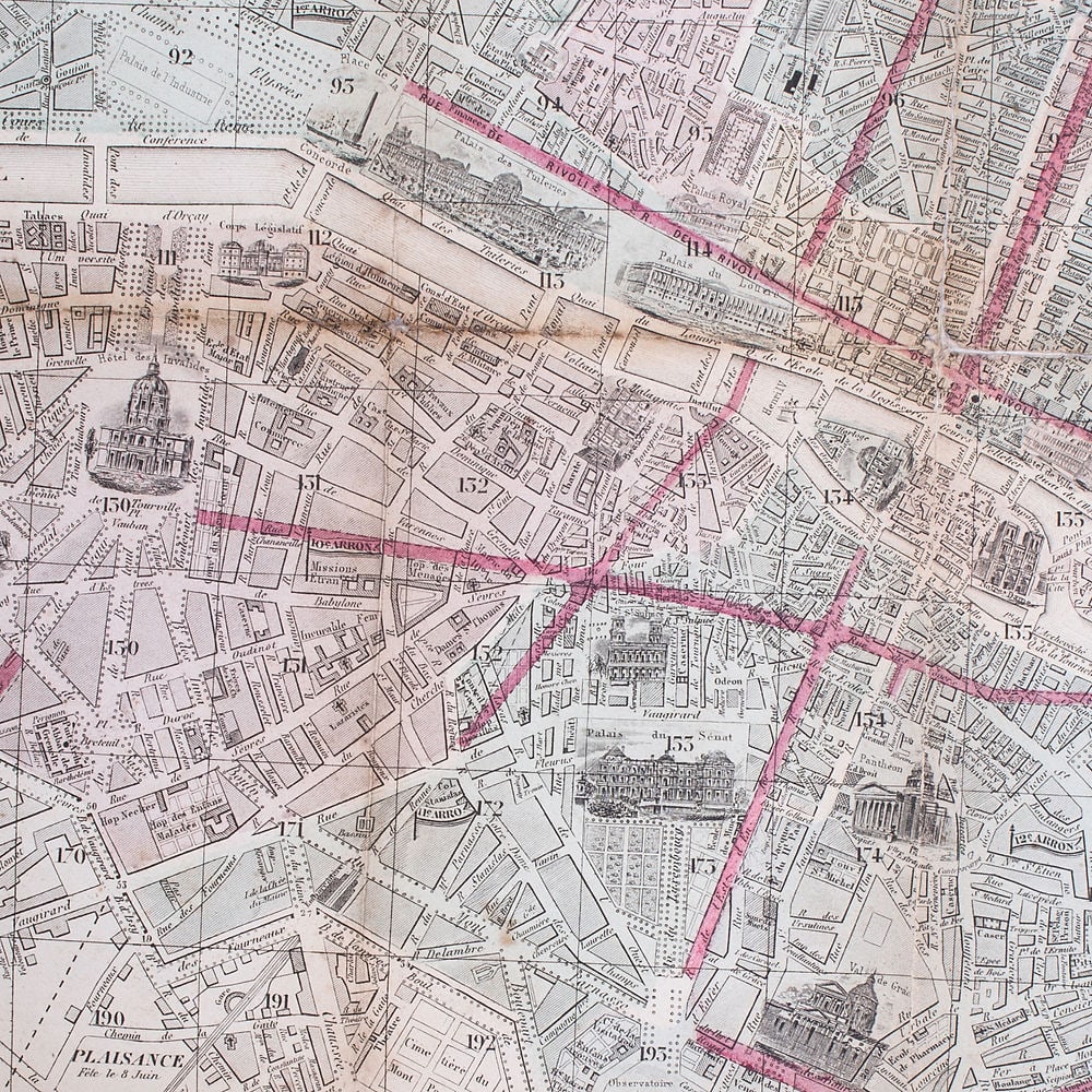1858 LARGE FRENCH ANTIQUE MAP OF PARIS Dubreuil Vuillemin on linen backing - 3