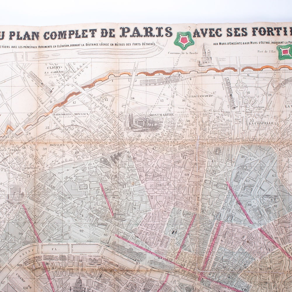 1858 LARGE FRENCH ANTIQUE MAP OF PARIS Dubreuil Vuillemin on linen backing - 4