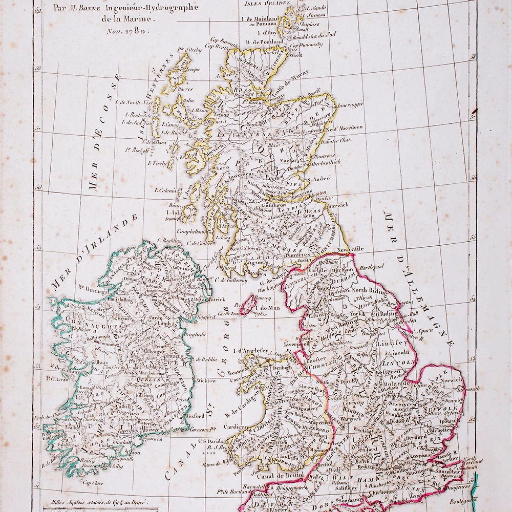 French map of the United Kingdom published by Bonne 1780 (1 of 3)