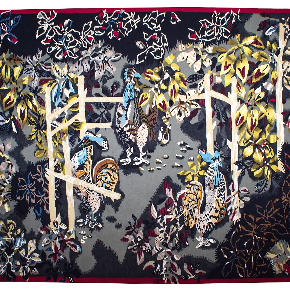 Aubusson Jean Lurcat hand weaved Jardin des coqs Tabard 1939: Jean LURCAT (1892-1966) for carton and ATELIER TABARD lissier in AUBUSSON. "jardin des coqs ", tapestry, signed, monogram of the Tabard workshop, ribbon on the reverse with the title, marked "Carton