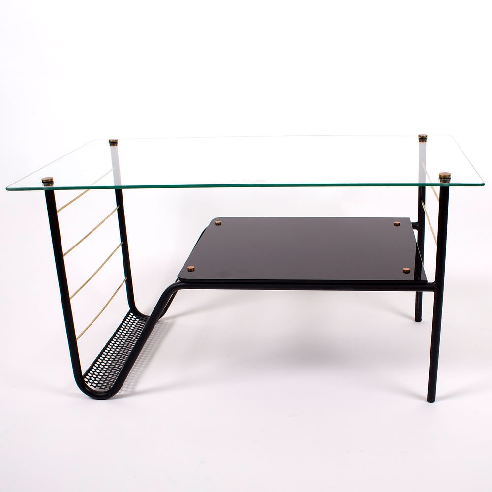 FRENCH MID CENTURY COFFEE TABLE GUARICHE manner: Made in the late 1950's or early 1960's this coffee table is a perfect example of sleek French modernism .The metal frame is in the manner of Guariche , it has been attributed to him on several auctio