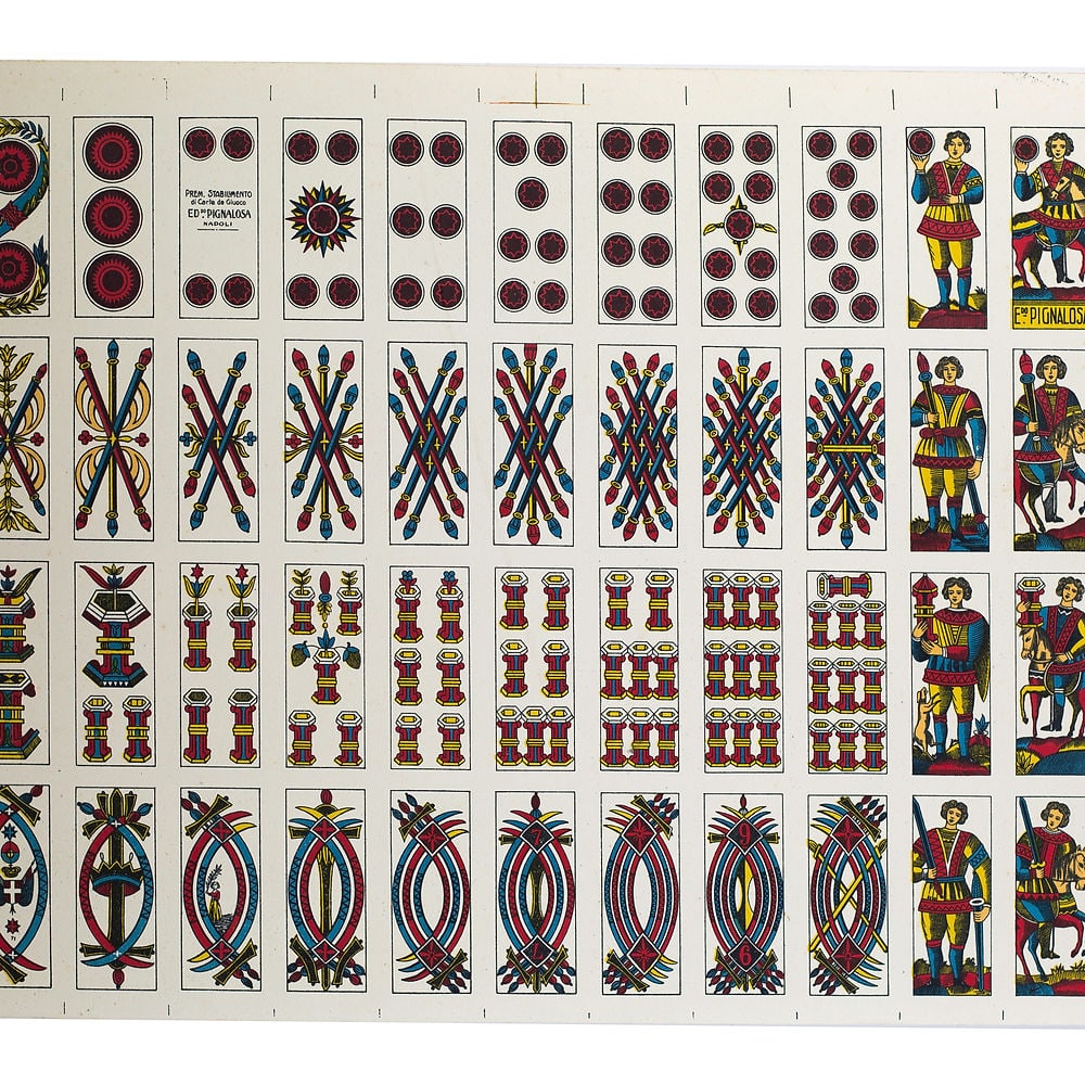 VINTAGE UNCUT ITALIAN Piacentine deck PLAYING CARDS PIGNALOSA NAPOLI: The typology of Spanish/Italian playing cards is fascinating, with regional gaming traditions resulting in a wide variety of designs, even today. This old lithographed sheet, printed on heavy (but not