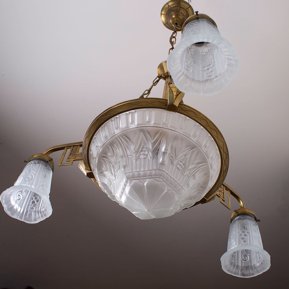 FRENCH Art-Deco Chandelier Manadier pressed glass 4 lights - 2