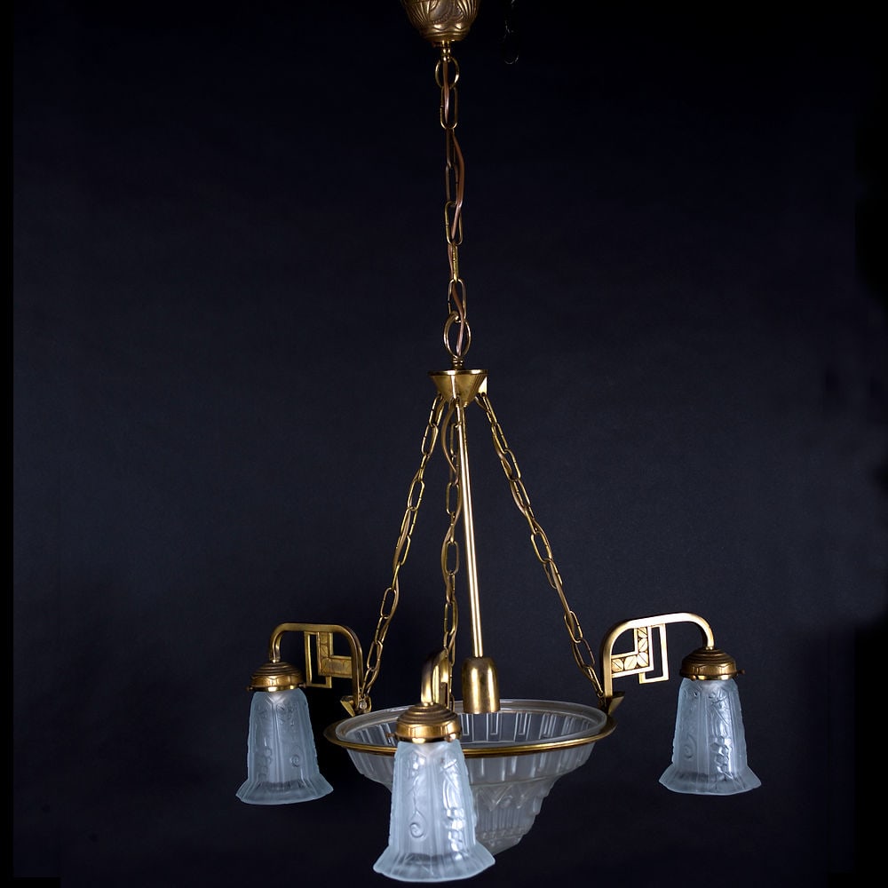 FRENCH Art-Deco Chandelier Manadier pressed glass 4 lights - 3