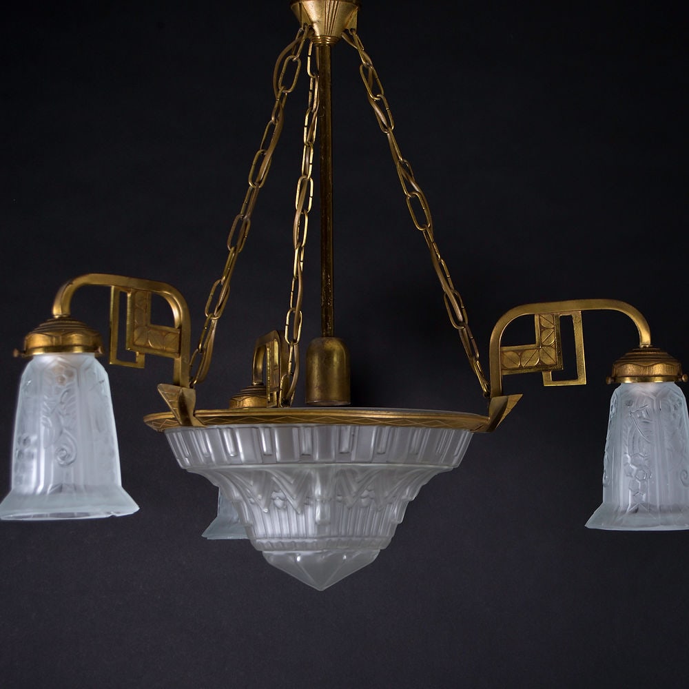 FRENCH Art-Deco Chandelier Manadier pressed glass 4 lights - 4