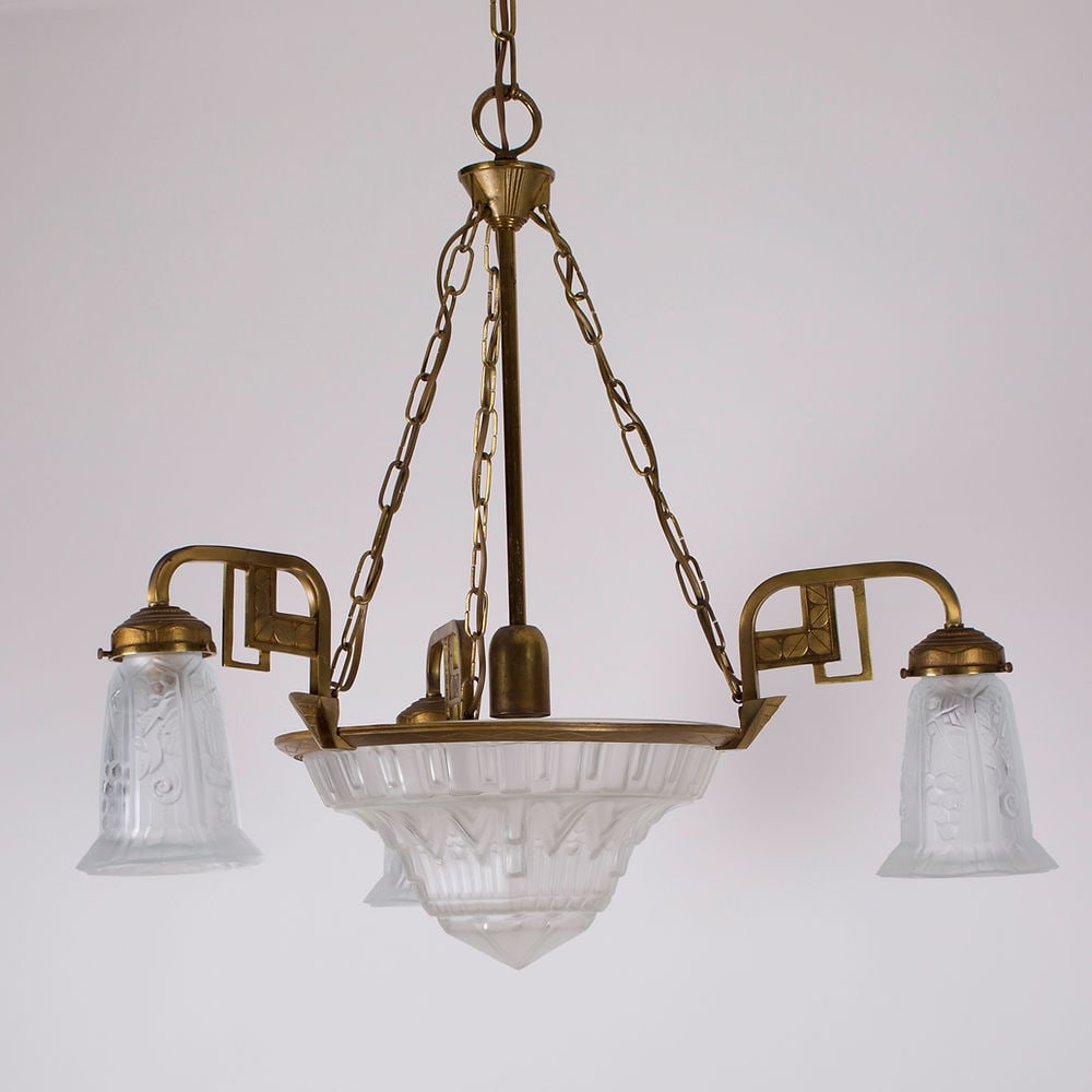 FRENCH Art-Deco Chandelier Manadier pressed glass 4 lights - 5