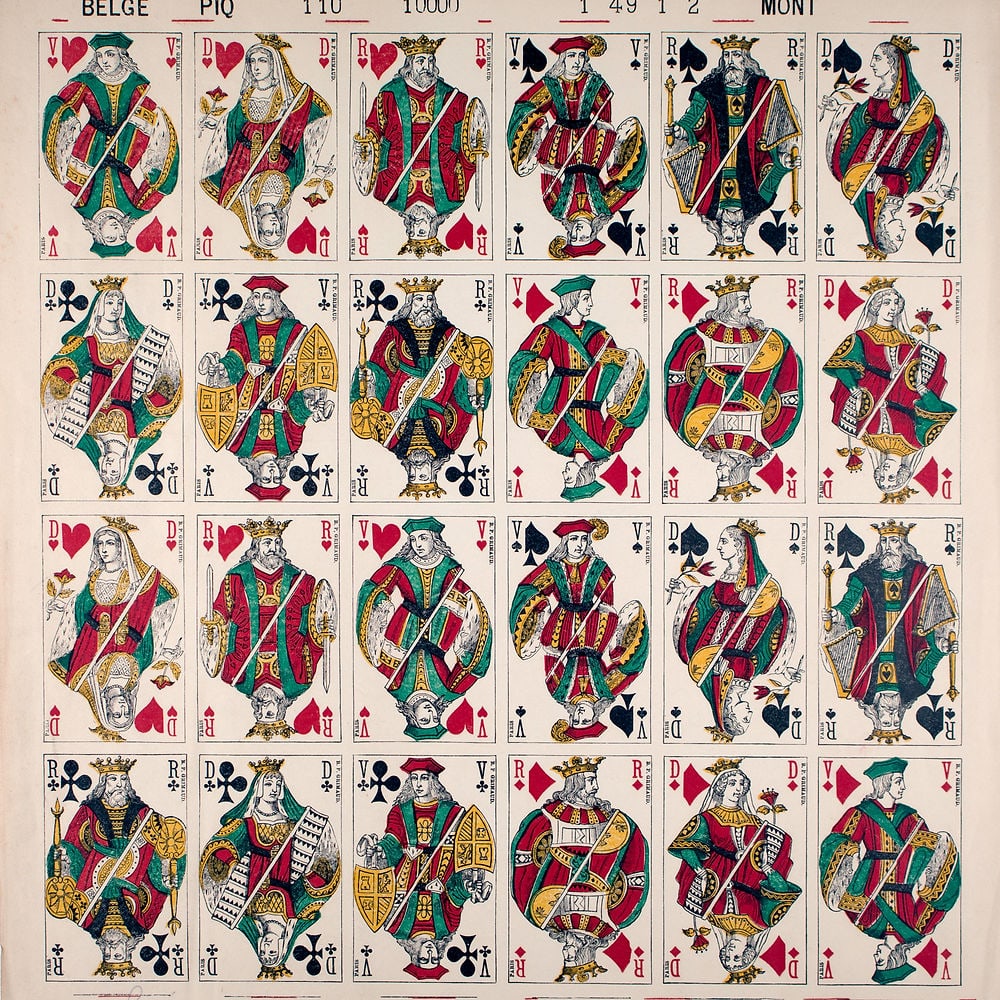 Uncut sheet playing card French suite Grimaud: French suite Grimaud without Joker . In France, the "fool " or joker officially appeared in card games in 1902, the Camoin houses as well as Fossorier, Amar et Cie2, card manufacturers, obtaining auth