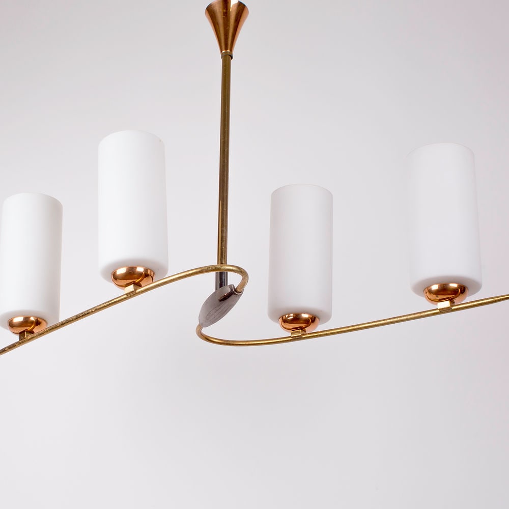 FRENCH modernist CHANDELIER LUNEL ARLUS 1960 Glass globe: Made in France in the late 1950's early 1960's this Chandelier is most likely a design from Arlus or Disderot . Original brass , some oxidation , fitted with adapter to American socket .It is the
