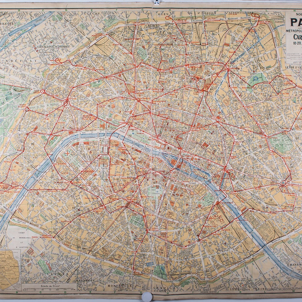 Paris subway map with numbered lines 1920 Tarride linen backing: Large Paris bus stop map with numbered lines edited by Tarride circa 1920 , The Taride publishing house was created in 1852 by Alphonse Taride who was one of the first to make road, tourist and school