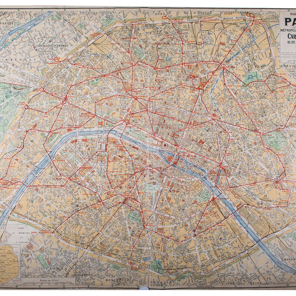 Paris subway map with numbered lines 1920 Tarride linen backing - 2