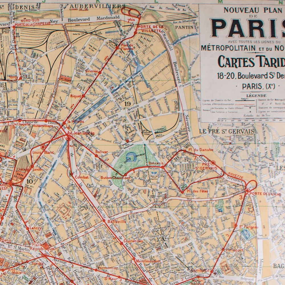 Paris subway map with numbered lines 1920 Tarride linen backing - 5
