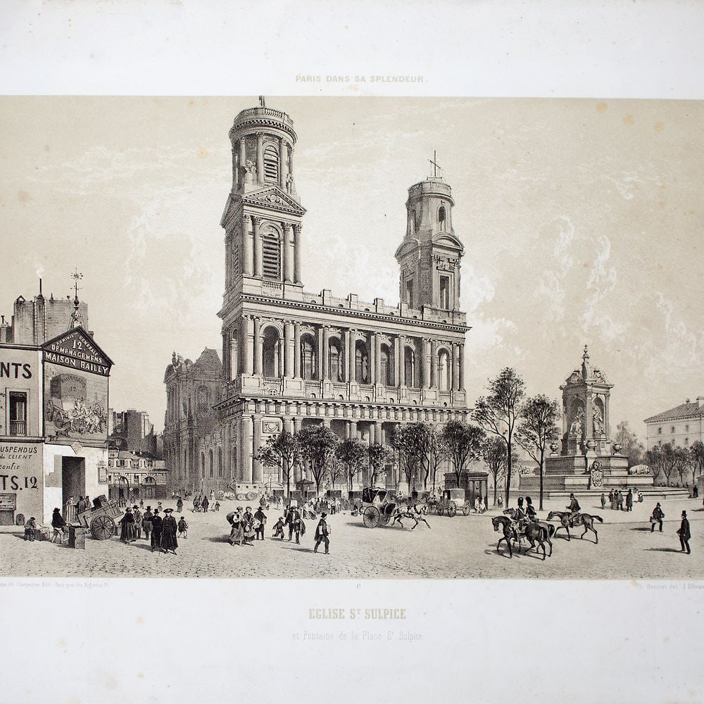 19th french lithogravure with demi tinte Paris Saint Sulpice church: Lithograph, from the Book Paris dans sa Splendeur, Paris, Henri Charpentier, 1857 , this book is a most beautifuly illustrated book on Paris and its surroundings published in the 19th century during