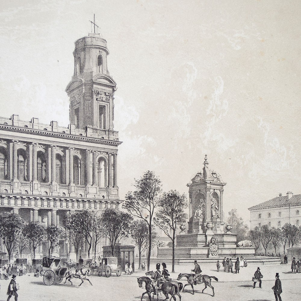 19th french lithogravure with demi tinte Paris Saint Sulpice church - 2