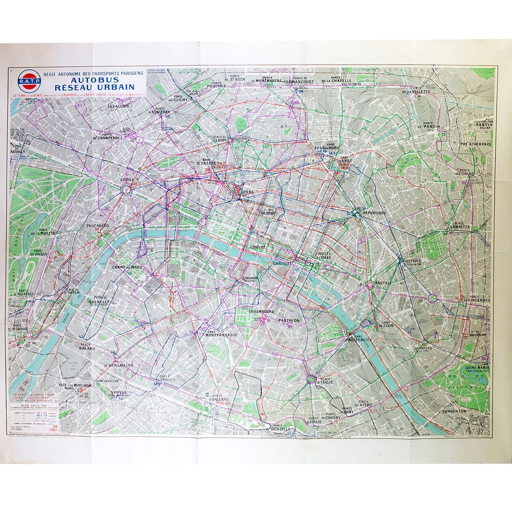 Large Paris bus stop RATP map with numbered lines 1963 Tarride: Very Large Paris bus stop map with numbered lines edited by Tarride circa 1963 , The Taride publishing house was created in 1852 by Alphonse Taride who was one of the first to make road, tourist and s