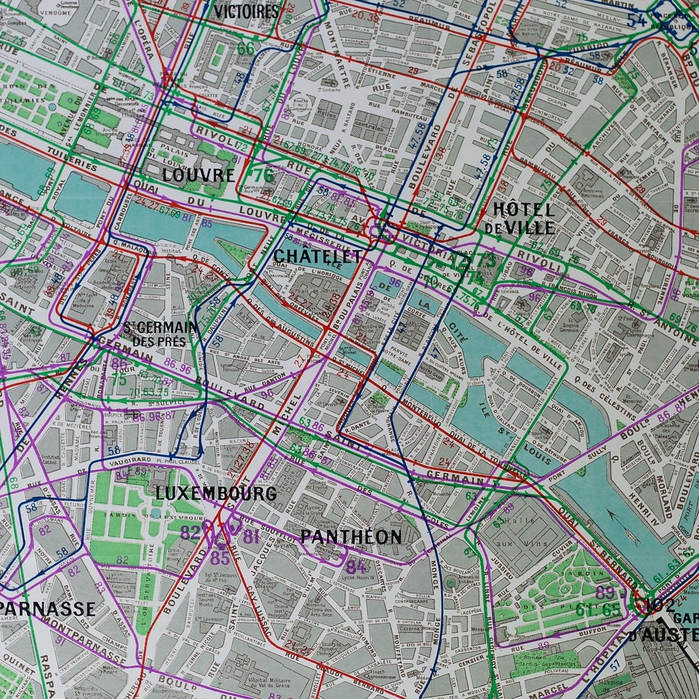 Large Paris bus stop RATP map with numbered lines 1963 Tarride - 2