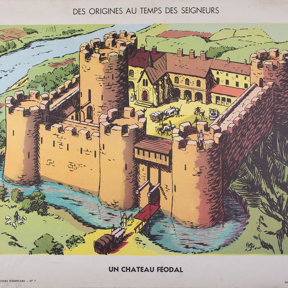 Vintage History french School Poster, Georges Lang 2 and 7 circa 1950: Original educational history poster for elementary school, printed by the Imprimerie Georges Lang. Carries a vibrant offset print on both sides of the paper. This features No.1and 5 from the Tableaux 