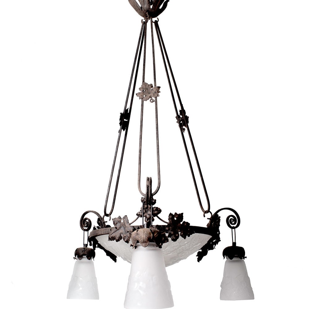FRENCH ART DECO CHANDELIER GLASS MULLER Cubist brown metal (1 of 6)