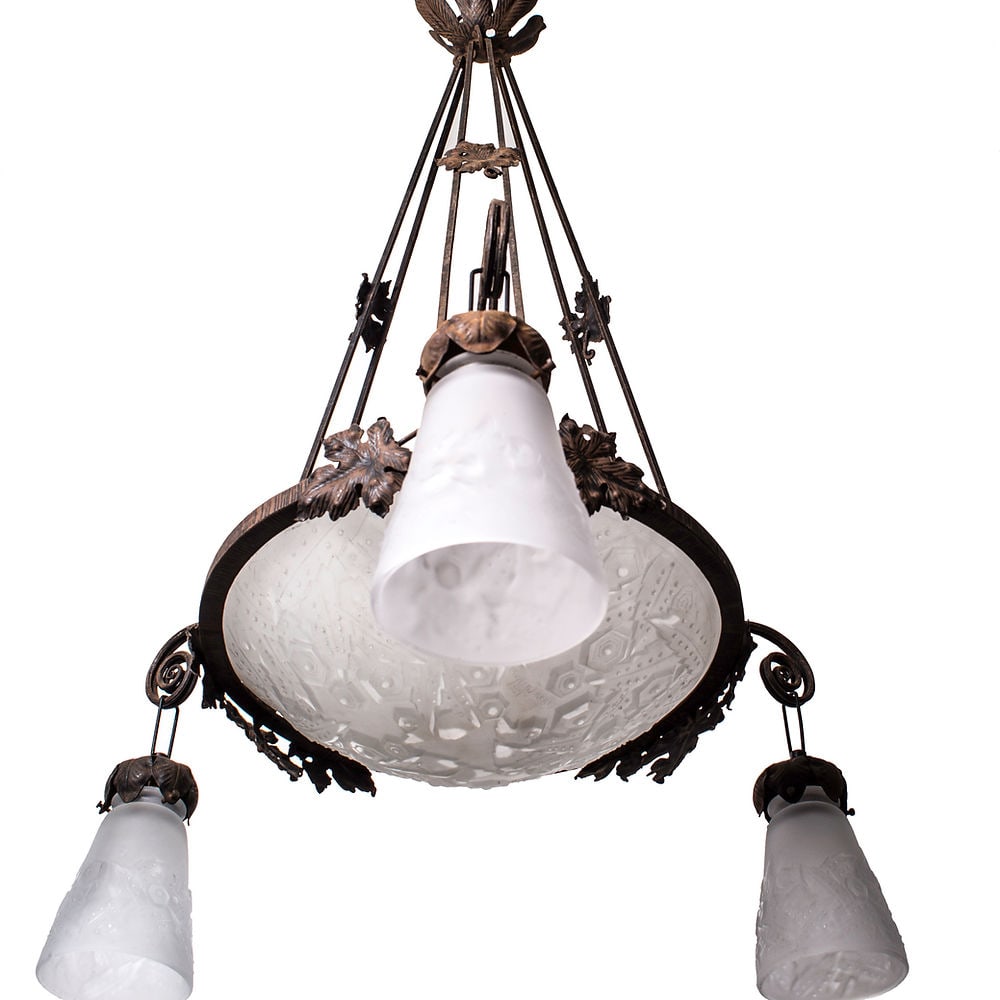 FRENCH ART DECO CHANDELIER GLASS MULLER Cubist brown metal - 2