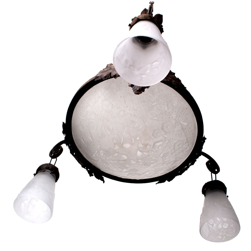 FRENCH ART DECO CHANDELIER GLASS MULLER Cubist brown metal - 3