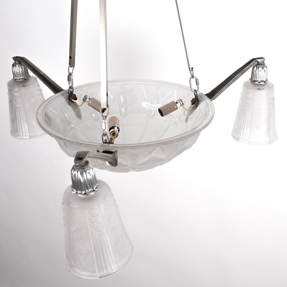FRENCH ART DECO CHANDELIER GLASS MULLER Cubist - 6