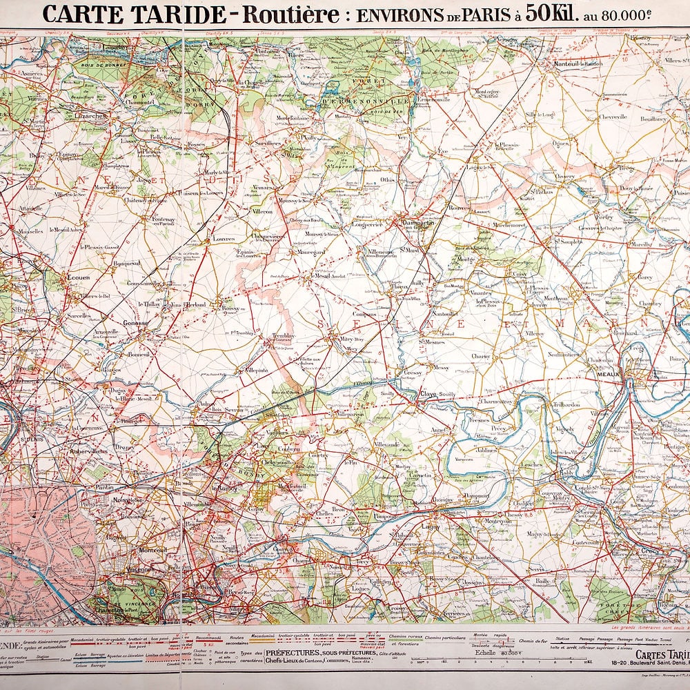 Environs de Paris roadmap Taride Nord east (surrending ) 31 miles: Taride North east road map of Paris and its surrounding within 31 miles ( 50 kilometres ) at 1/80 000 scale from the early 20th . Those maps were to be used by the generale population to circulate wit
