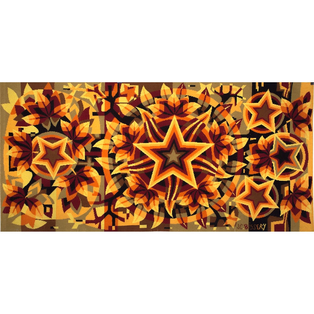 Bissery mid century wool tapestry modernist ""les etoiles " Stars: JC BISSERY, editor J LAURENT editeur "les etoiles "( Stars ) dawn tapestry mecanical point, hand signed by the artist and the publisher, Bissery is associated on an equal footing with Picart-Ledoux. B
