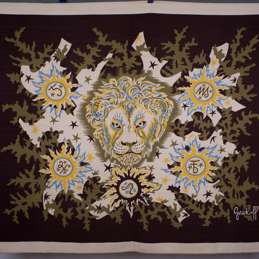 FRENCH SILSCREEN TAPESTRY elie GREKOFF AUBUSSON MODERNIST LEO: Elie Grekoff (1914–1985) is the illustrator, a Russian-born French artist , he was master " carton " creatorbetween 1945 and 1980, he did perform over 3000 m² of tapestry cartons, from a