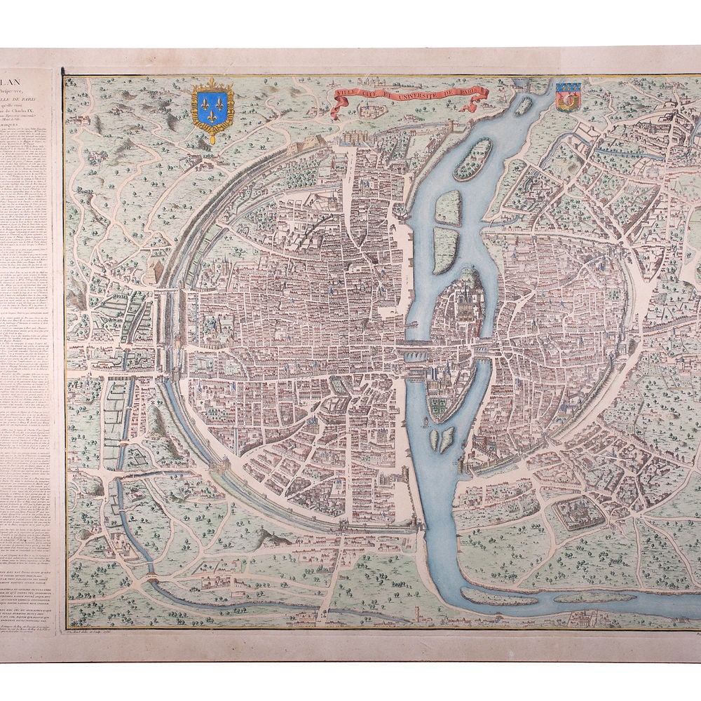 Engraving of Guillaume DHEULLAND Plan de la Ville de Paris 1756: This is Dheulland's historical view of Paris, a fascinating mid-18th century piece showing the city as it stood during the reign of Charles IX, that is, sometime between 1560 and 1574. Published in