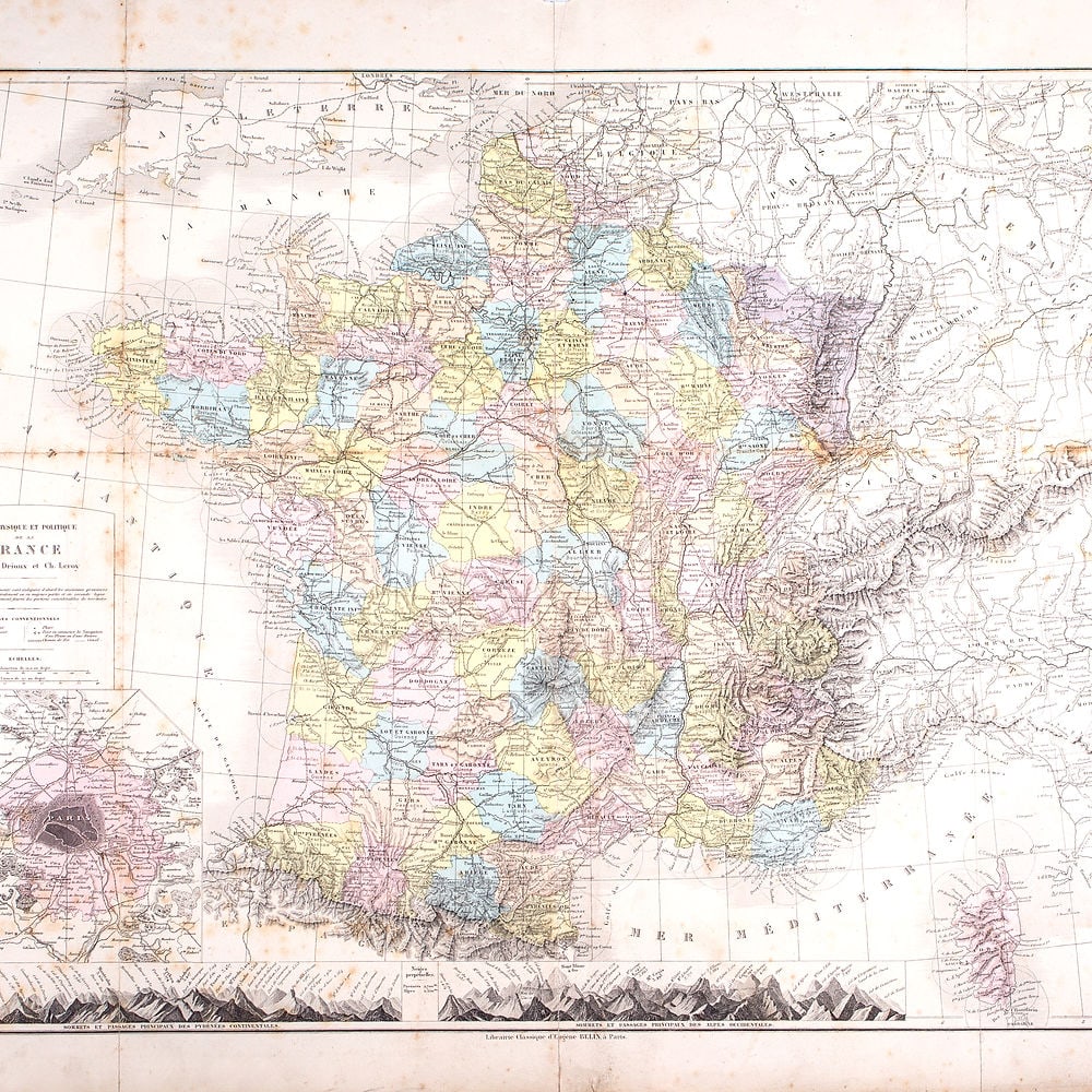 French road map of FranceDrioux and Leroy 1860: Large French road map of France circa 1860 edited by “Drioux et Leroy ” . L’ Abbé Claude-Joseph Drioux (17 February 1820 – 13 May 1898) was a French priest, popular educat