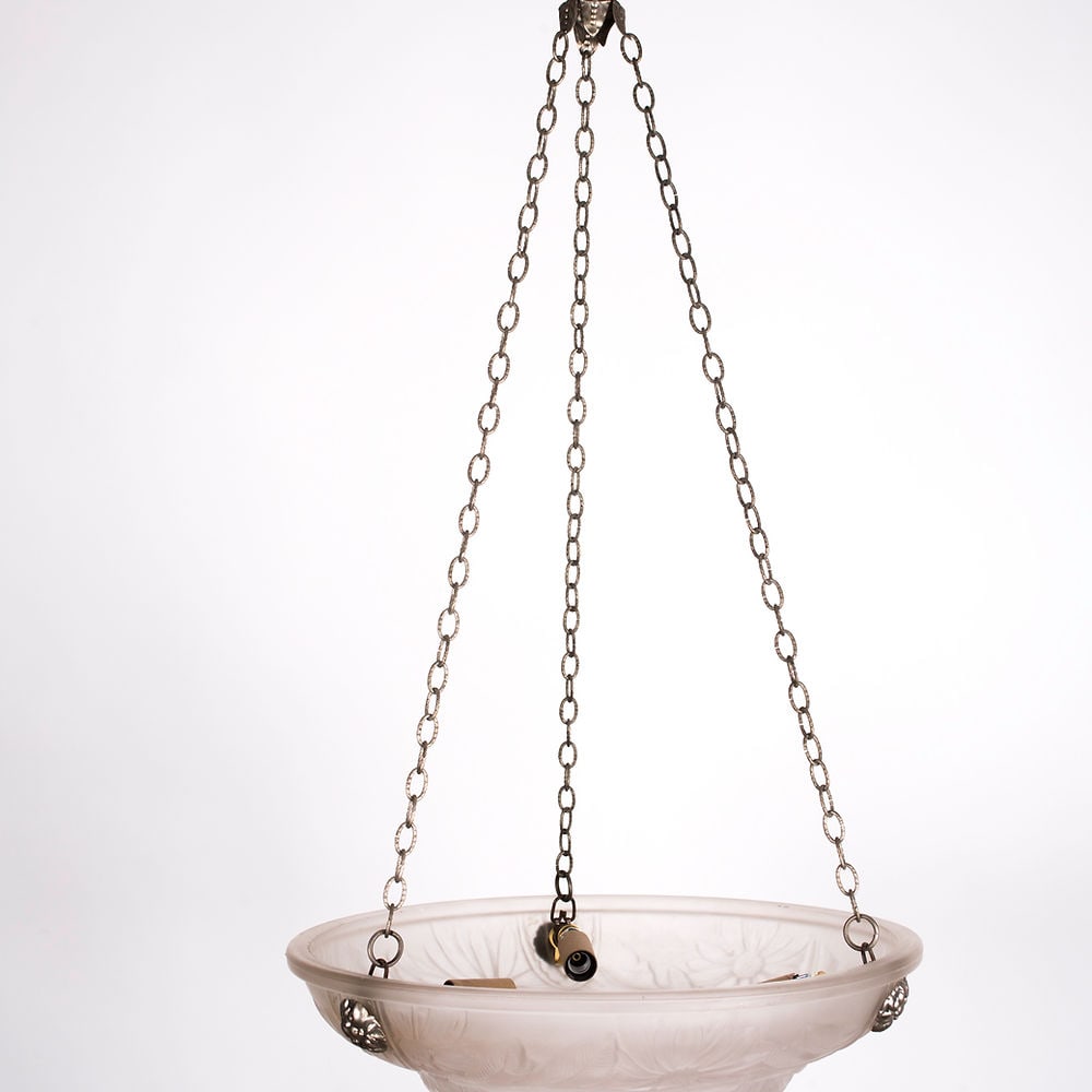 FRENCH ART DECO CHANDELIER white GLASS VERDUN daisy motive - 4