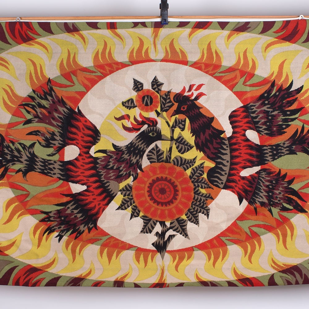 FRENCH silkscreen TAPESTRY ALAIN CORNIC ROBERT FOUR AUBUSSON MIDCENTURY: Made in France in the 1960 this silkscreen tapestry on wool reflect the democratic desire of that time to produce affordable art . Neo fantastic and influence by the cubist movement Alain Cornic tapes