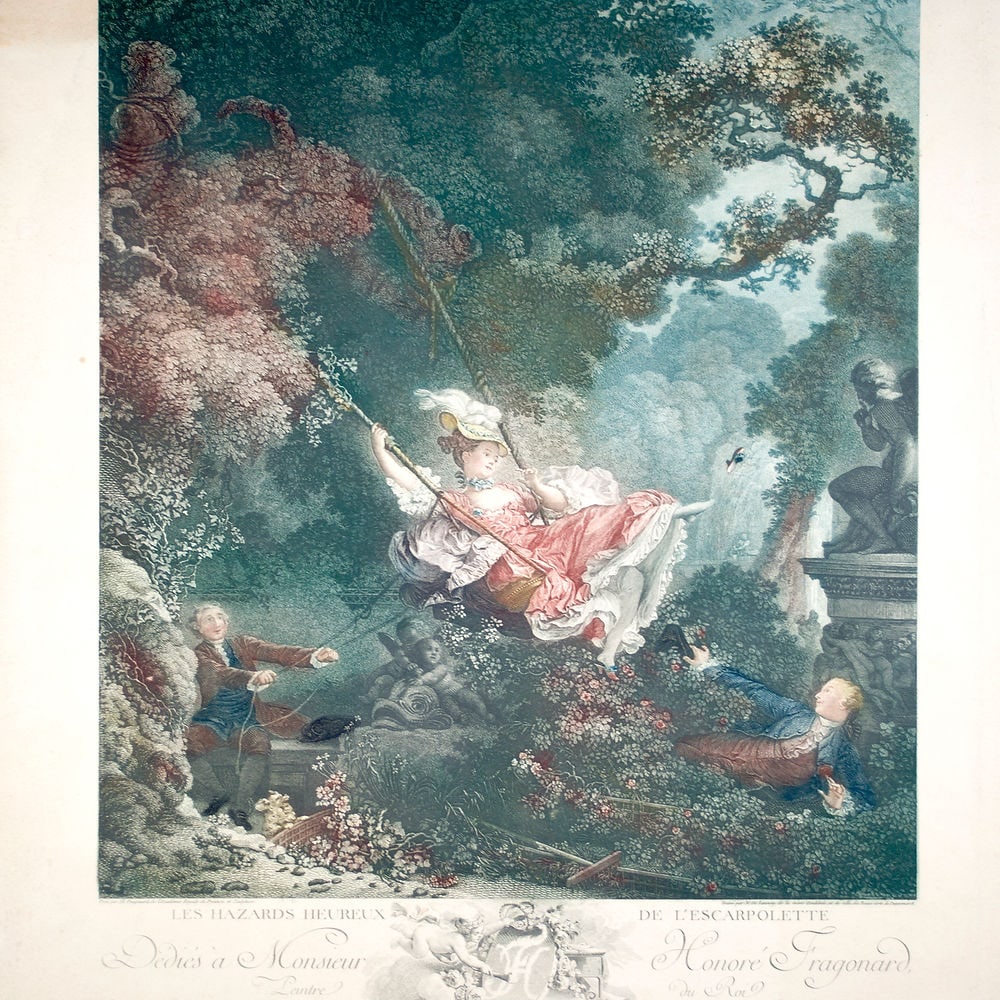 Jean-Honoré Fragonard’s The Swing French Engraving 18 th.: Engraving possibly from an 18th century work by French artist Nicolas Delaunay after Jean-Honoré Fragonard "Les Hazards heureux de l'Escarpolette, probably 1782's " .In the history of painting, J