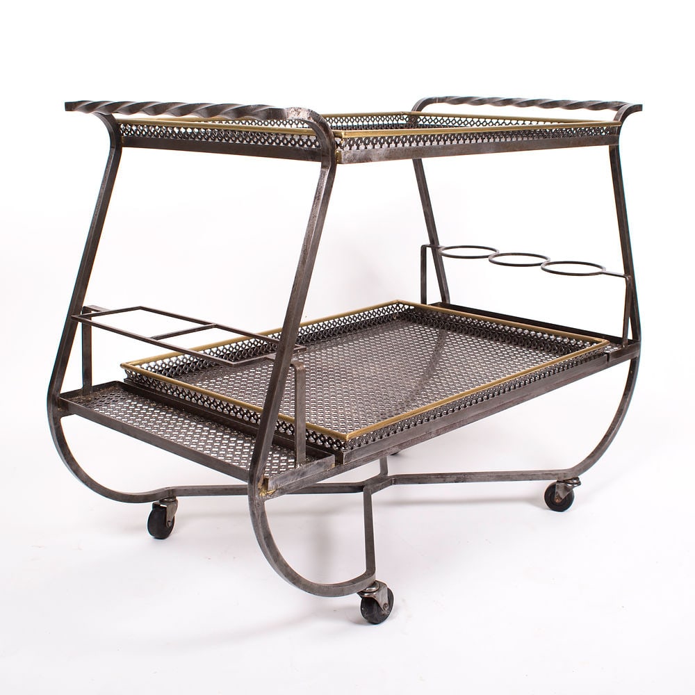 FRENCH MODERNIST ROLLING BAR TROLLEY MATEGOT Mid century serving table rigitulle - 2