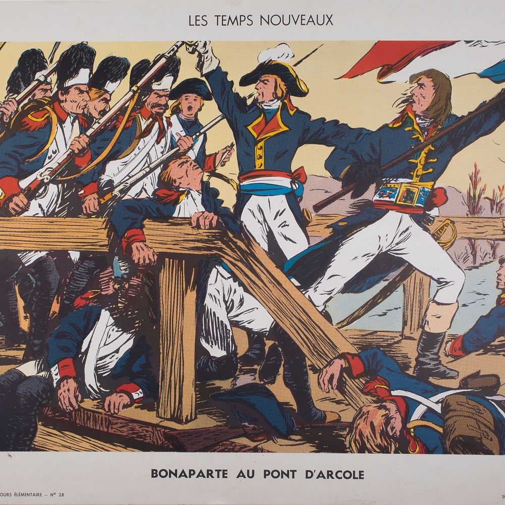 Vintage History French School Poster, Sudel plate 32 Napoleon circa 1950: Original educational history poster for elementary school, printed by the Imprimerie Georges Lang. Carries a vibrant offset print on both sides of the paper. This features No. 19 and 23 from the Table