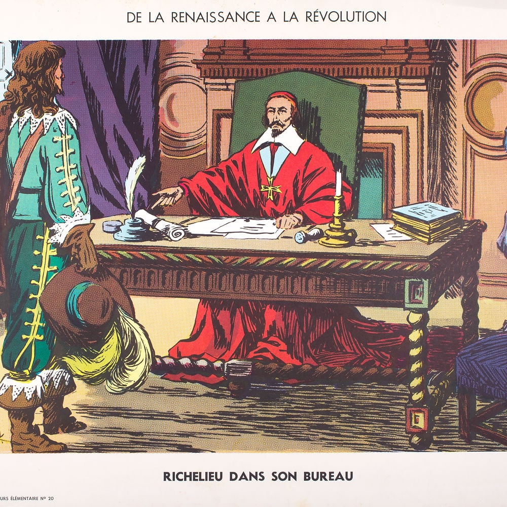 Vintage History french School Poster, Georges Lang 20 and 24 circa 1950: Original educational history poster for elementary school, printed by the Imprimerie Georges Lang. Carries a vibrant offset print on both sides of the paper. This features No. 23 and 26 from the Table