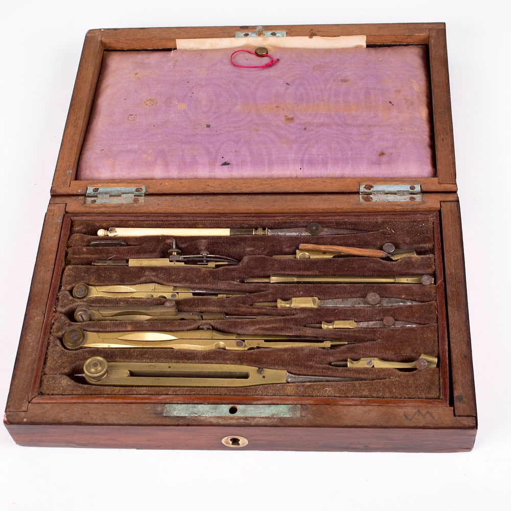 French set of brass compass 19th mahogany box. - 2