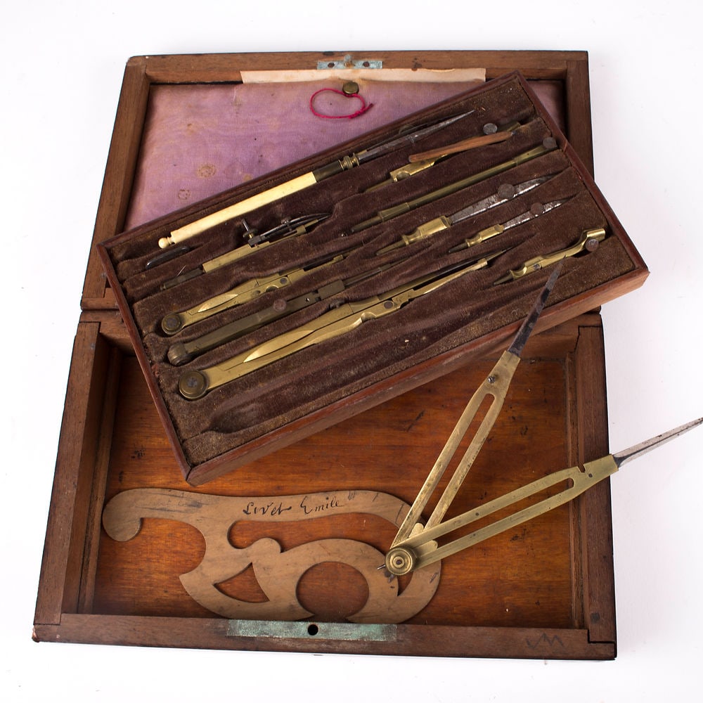 French set of brass compass 19th mahogany box. - 3