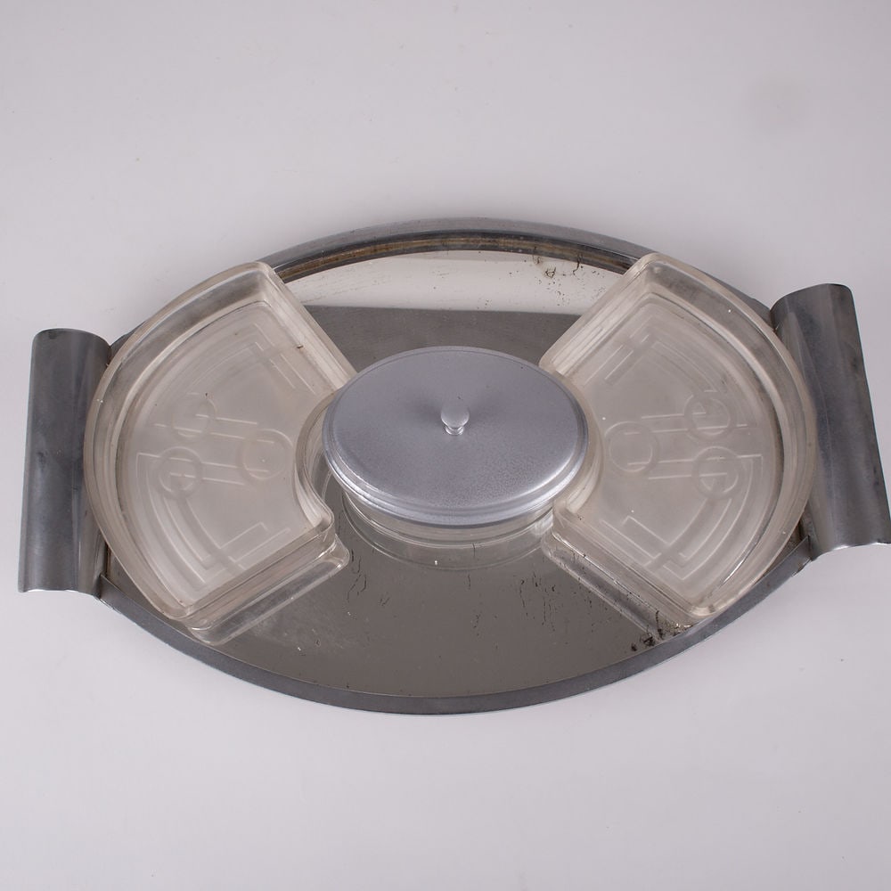 French art deco Metal serving Tray with Glass compartments: French Art deco serving tray , the mirror has some oxidation but in over all good usuable condition . circa 1920 .; H.2 X L.15 X W.9.5 Reserve: $80.00 Shipping: Domestic: Flat-rate of $45.00 to