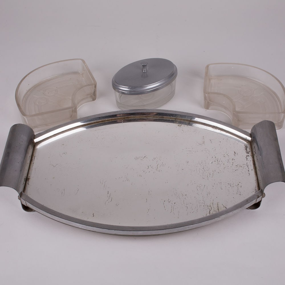 French art deco Metal serving Tray with Glass compartments - 3