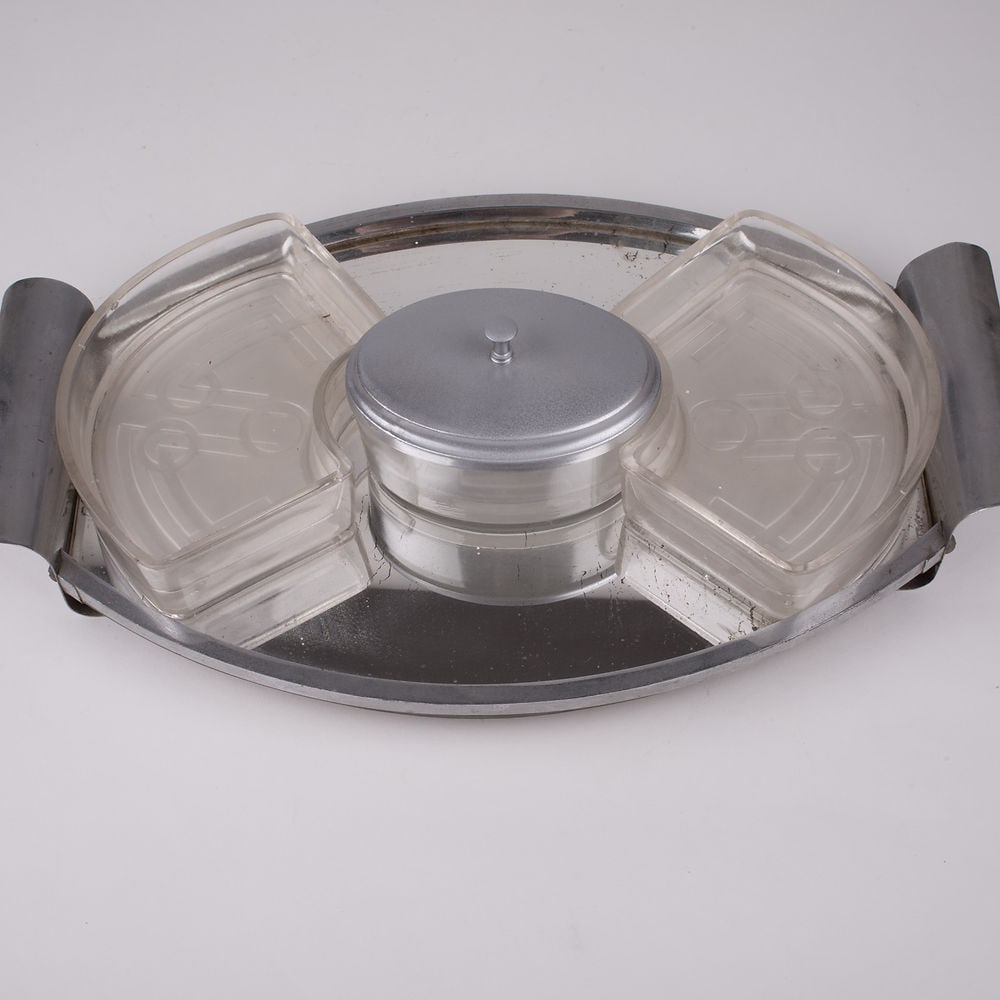 French art deco Metal serving Tray with Glass compartments - 4