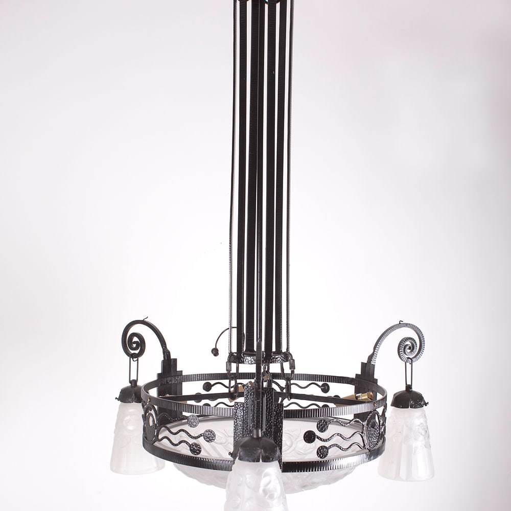 FRENCH Art-Deco Chandelier Degue David Guéron pressed glass: Made in France in the late 1920's early 1930's, this chandelier is Signed Degue, hand sanded and etched after being molded. Degué was the brainchild of the enigmatic David Guéron (1892 ̵