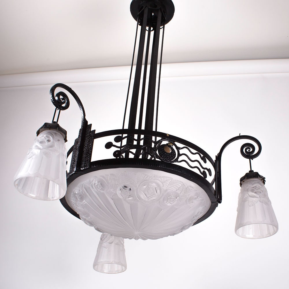 FRENCH Art-Deco Chandelier Degue David Guéron pressed glass - 2