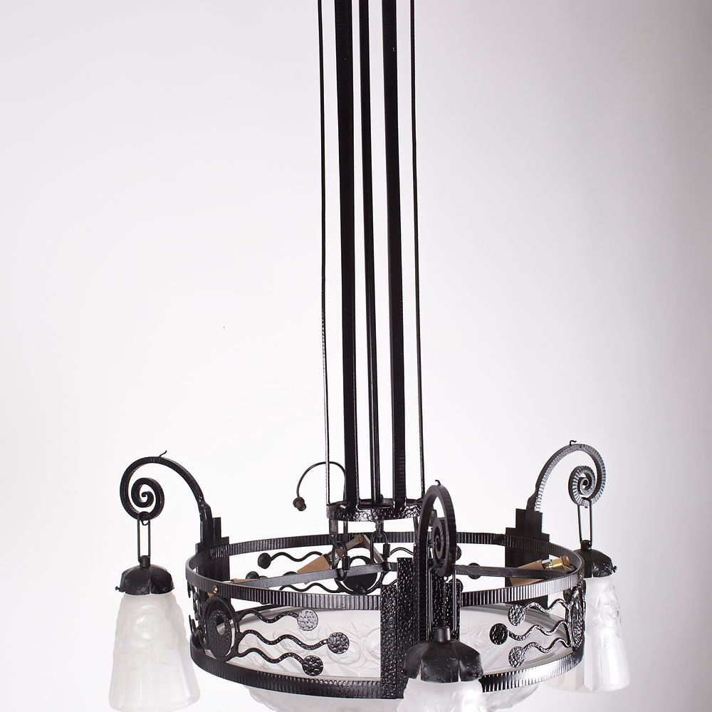 FRENCH Art-Deco Chandelier Degue David Guéron pressed glass - 3