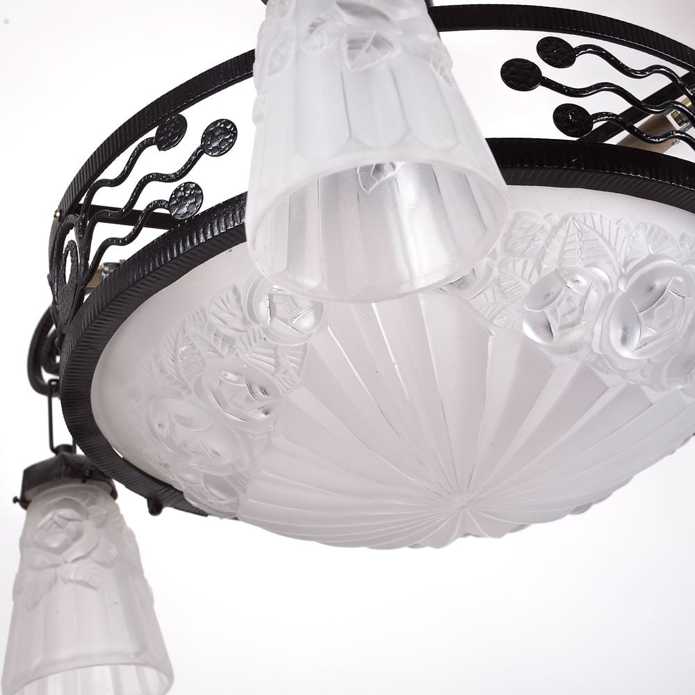 FRENCH Art-Deco Chandelier Degue David Guéron pressed glass - 4