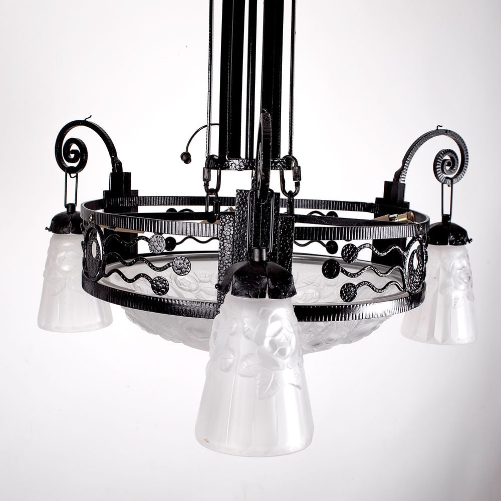 FRENCH Art-Deco Chandelier Degue David Guéron pressed glass - 6