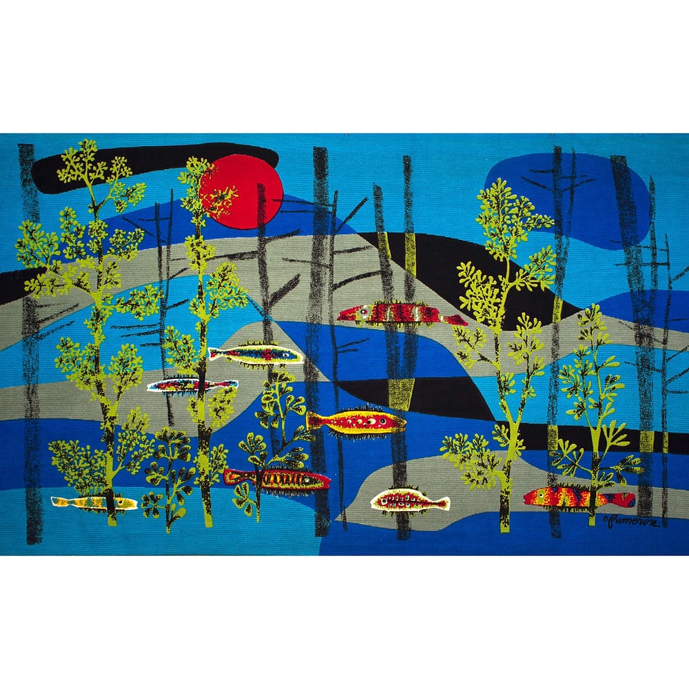 Fumeron tapestry blue Calypso wool fabric Robert Four signed: Born on August 9, 1921 in Payroux, in southern Vienne, René Fumeron remains above all known for his tapestries. He signed more than 1,000, woven in Aubusson in the Creuse and at the Gobelins in P